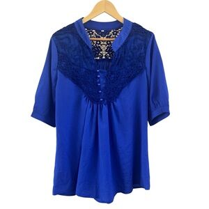 Royal Blue Crochet Lace Trim Blouse Size Medium Bohemian Style Tunic